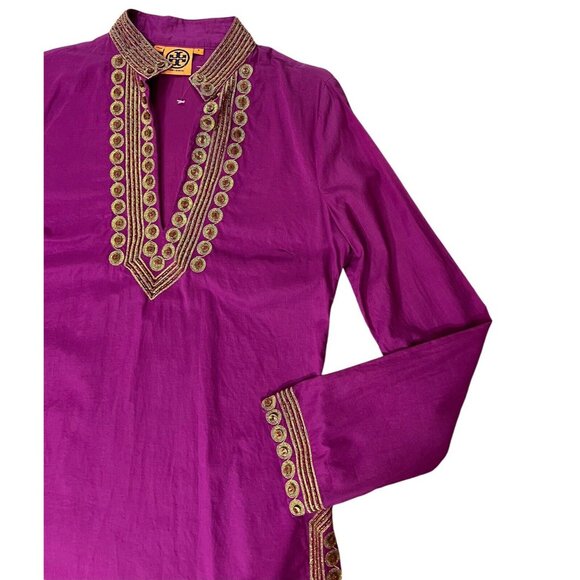Tory Burch Women Top Tunic Blouse Size 6 Magenta Gold Embroidery Long Sleeves - Picture 15 of 16